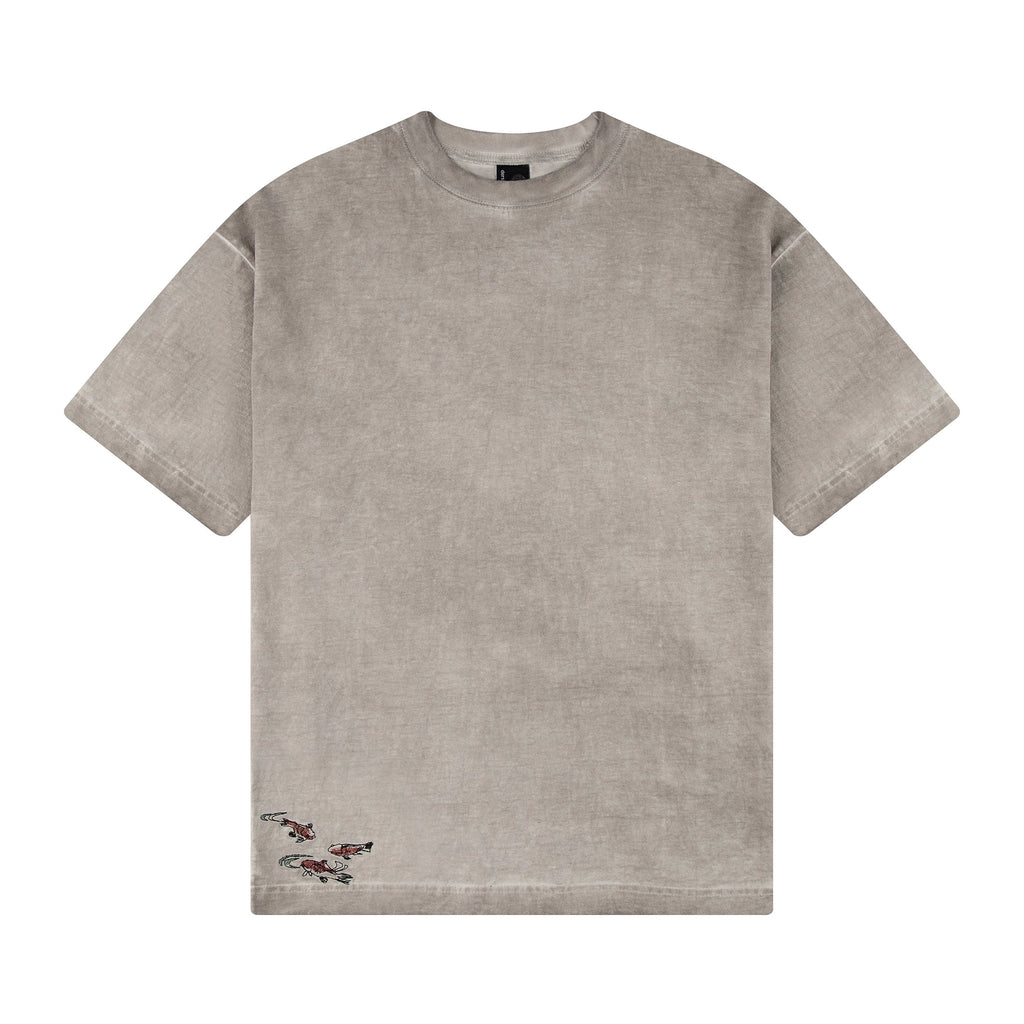 "lotus" T shirt oil washed light grey
