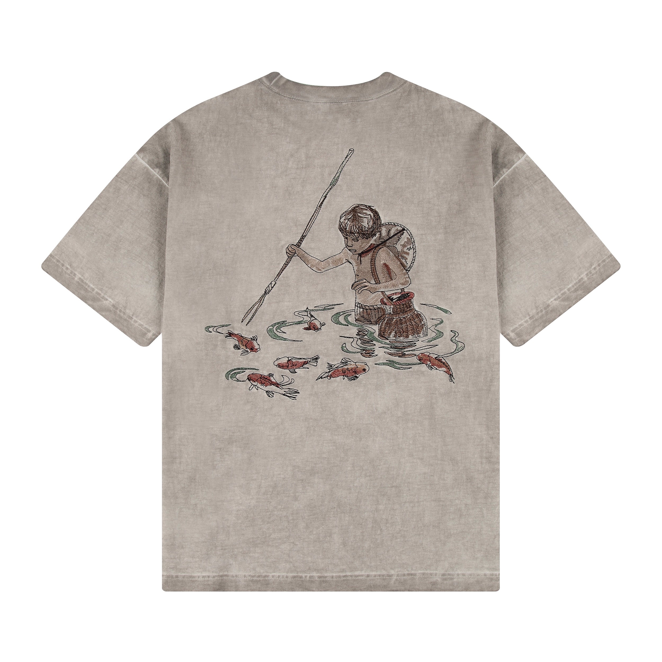 "lotus" T shirt oil washed light grey