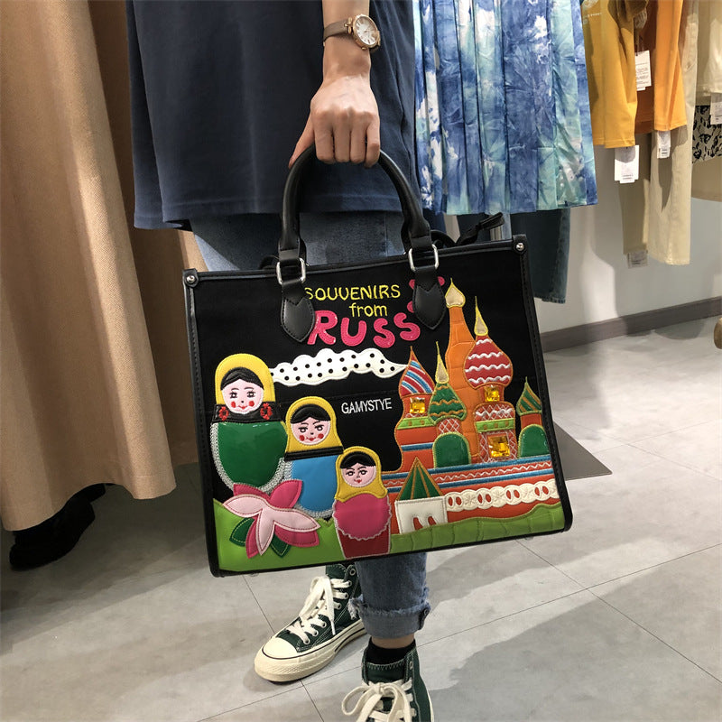 Chrome Heart Leather Bag Splicing Embroidered Tote Bag