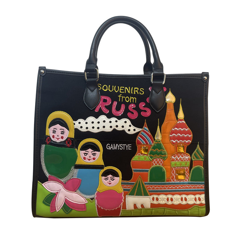 Chrome Heart Leather Bag Splicing Embroidered Tote Bag